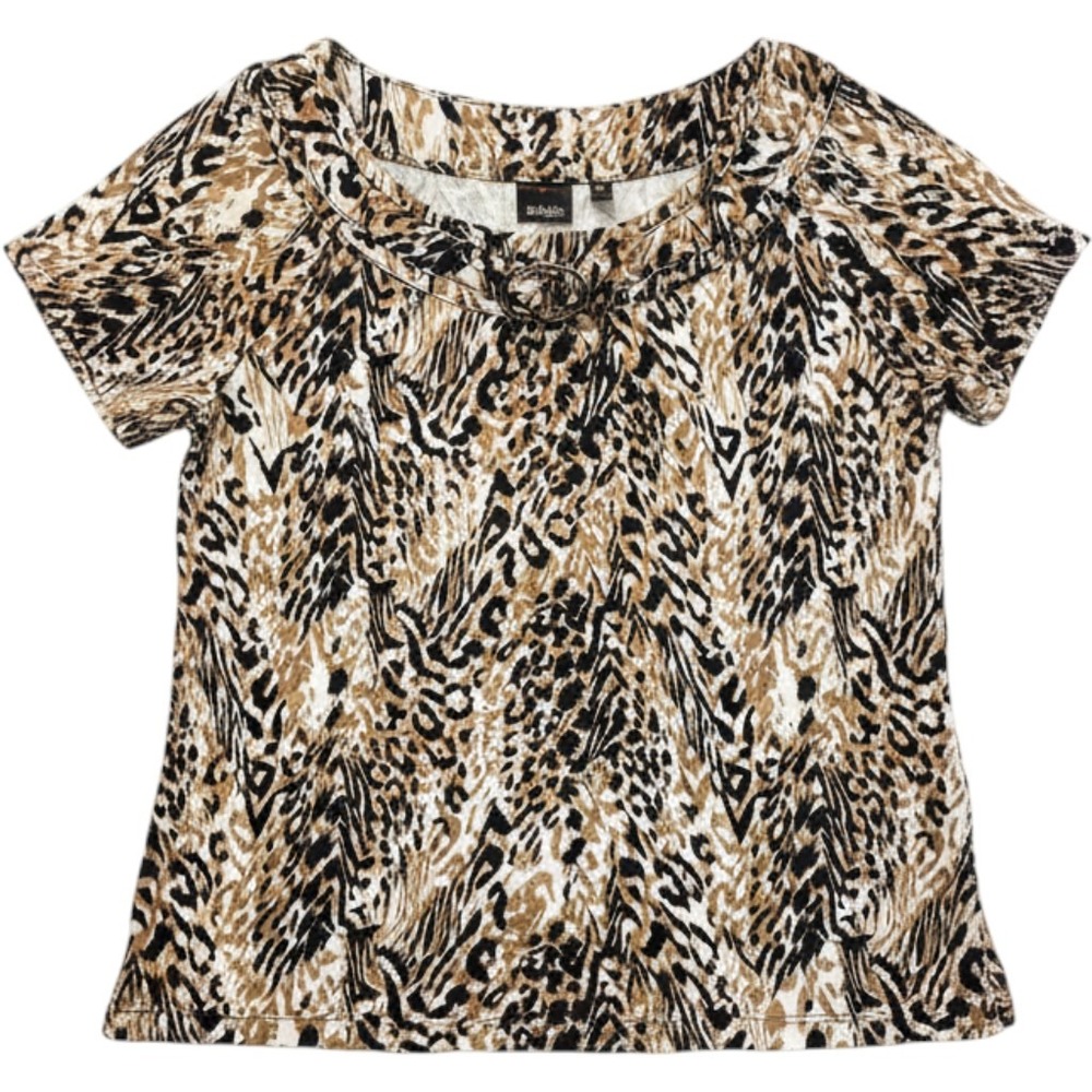 Rafaella Womens Animal Print Short Sleeve Top Brown Black Gold Ring Detail M